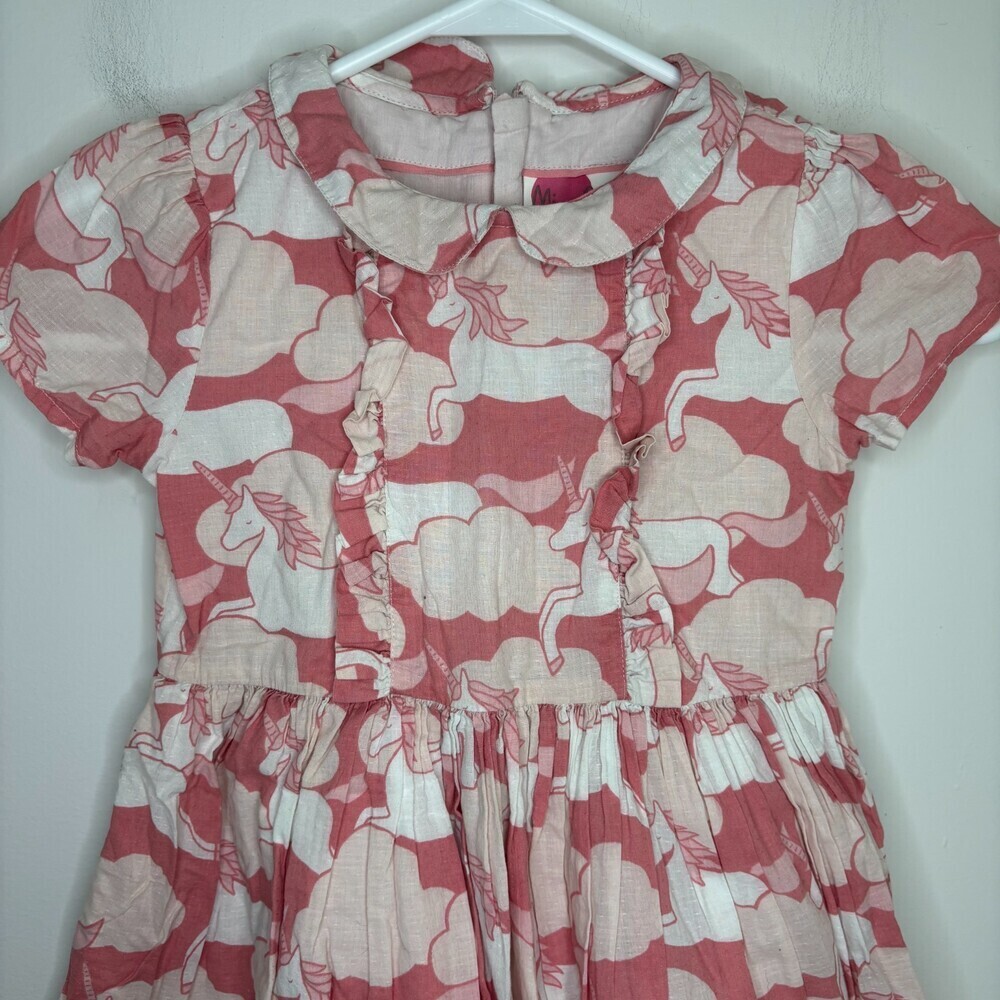 MINI BODEN Pink White Unicorn Ruffle Dress Girl 3-4 Y Ruffle Short Sleeve Cotton